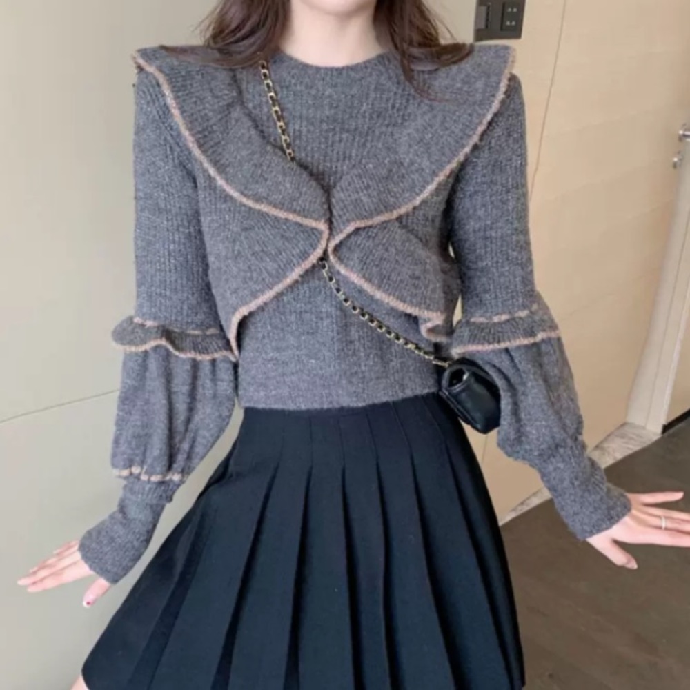 Grey ruffled crop sweater